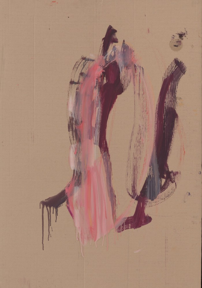A light brown canvas with splashes of pink and purple