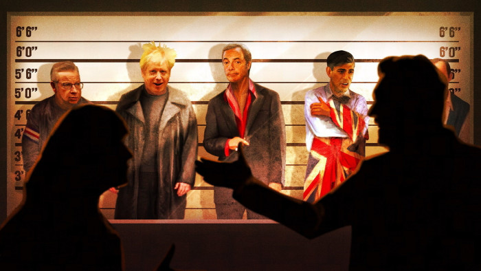 Illustration of Michael Gove, Boris Johnson, Nigel Farage and Rishi Sunak in a police line-up