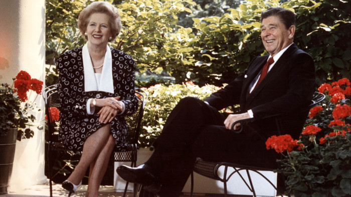 Former US president Ronald Reagan and former British prime minister Margaret Thatcher meet on the patio outside the Oval Office, Washington DC