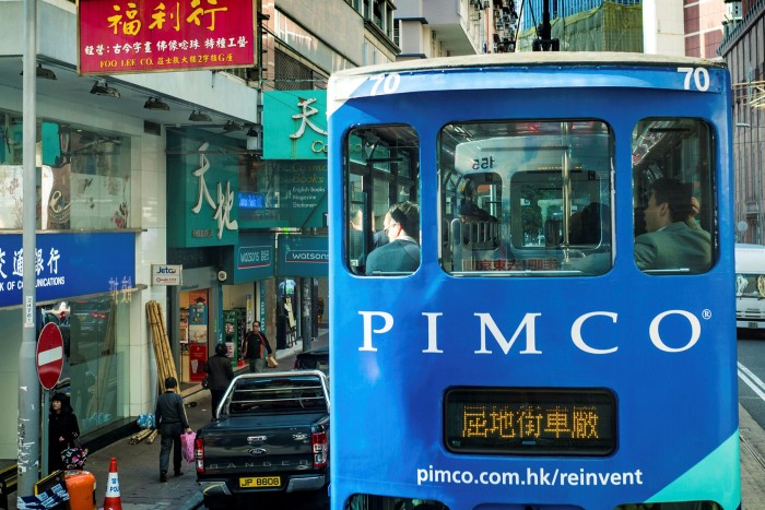 A Hong Kong tram painted with Pimco’s logo