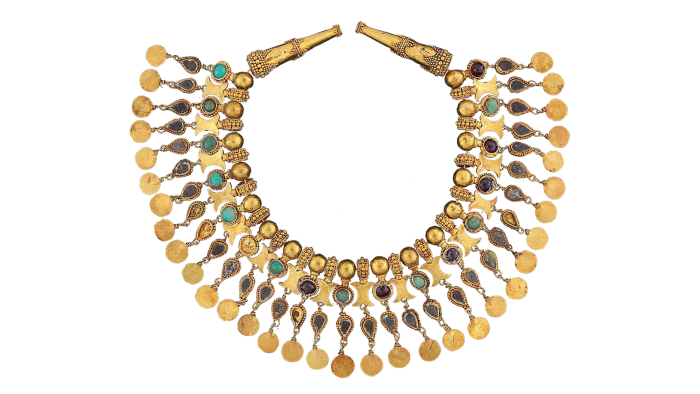 Ornament for the neck of a robe, Tillya tepe, gold, turquoise, garnet, and pyrite, 1st century B.C.