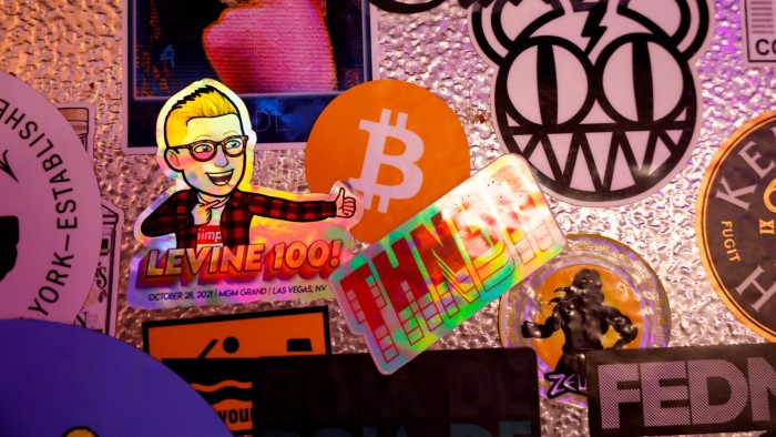 Bitcoin stickers in a bar
