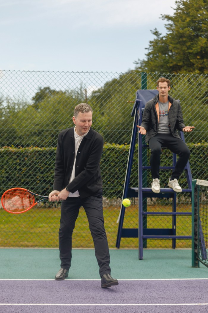 David Shrigley (left) and Andy Murray on the tennis court at Murray’s Cromlix hotel in Dunblane