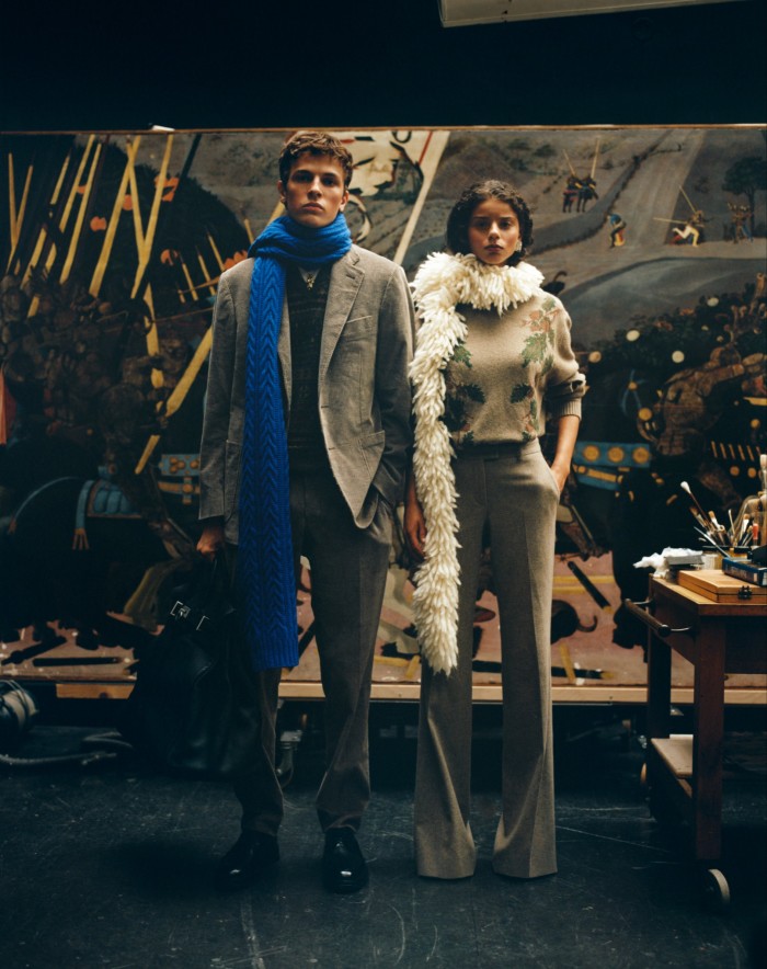 From left: Louis wears Canali cashmere-mix corduroy jacket, £1,790, and matching trousers, £780. Ralph Lauren Purple Label cashmere Fair Isle waistcoat, £1,220. Dunhill leather Hybrid Derby shoes, £695. Genevieve Sweeney lambswool cable scarf, £90. Ilaria Icardi gold Spaceman necklace, £2,885. Hermès leather Haut à Corroies large bag, £11,330. Jordan wears Stefan Cooke wool Oak Leaf jumper, £697, and wool scarf, £351. Michael Kors Collection wool flannel trousers, £885, and leather Anabelle sandals, £670