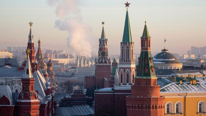The Kremlin, viewed from the O2 Lounge restaurant on the roof of the Ritz-Carlton hotel, in Moscow, Russia