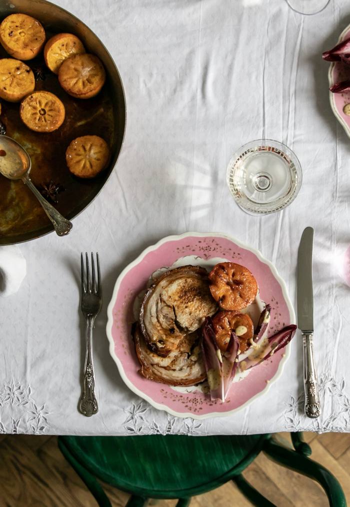 Roast pork with honey-baked persimmons is one of Skye McAlpine’s go-to festive dishes