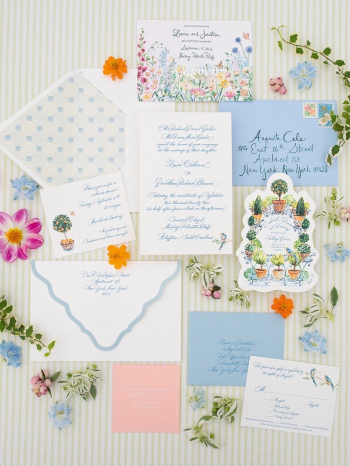 A wedding invitation “suite” designed by Susannah Garrod and printed by Dear Elouise for a wedding in South Carolina