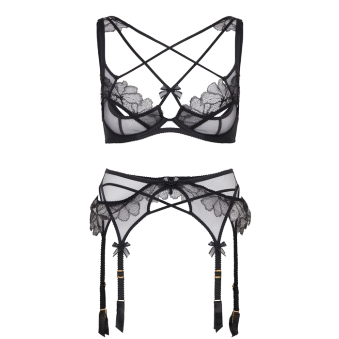 Agent Provocateur tulle Kissie High Apex bra, £225, and suspenders, £180