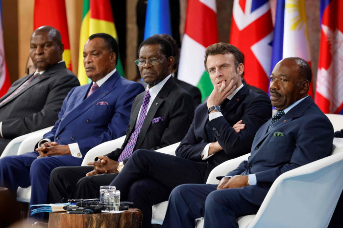 From left, Central African Republic president Faustin-Archange Touadera, Republic of Congo president Denis Sassou Nguesso, Equatorial Guinea president Teodoro Obiang Nguema Mbasogo, French president Emmanuel Macron and Gabon president Ali Bongo Ondimba attend the One Forest Summit in Libreville