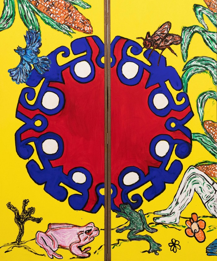 Painting of an Aztec-like symbol, red flowing into blue circles and niches, surrounded by insects on a yellow background