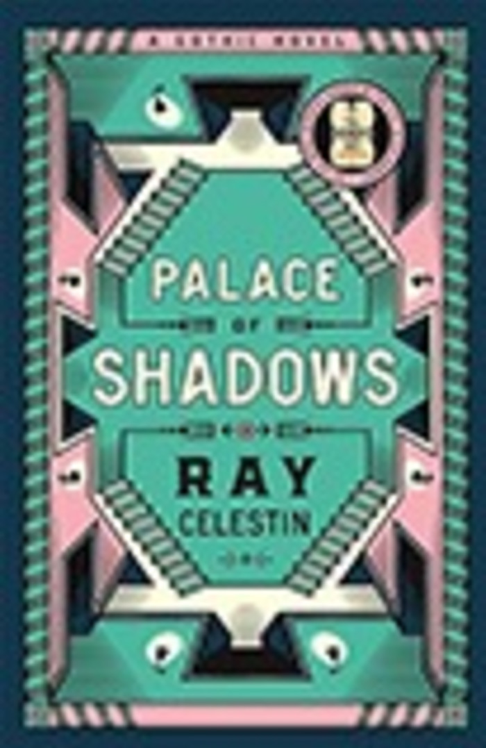 Palace of Shadows book jacket, showing an abstract drawing of a room and stairs, seen from above