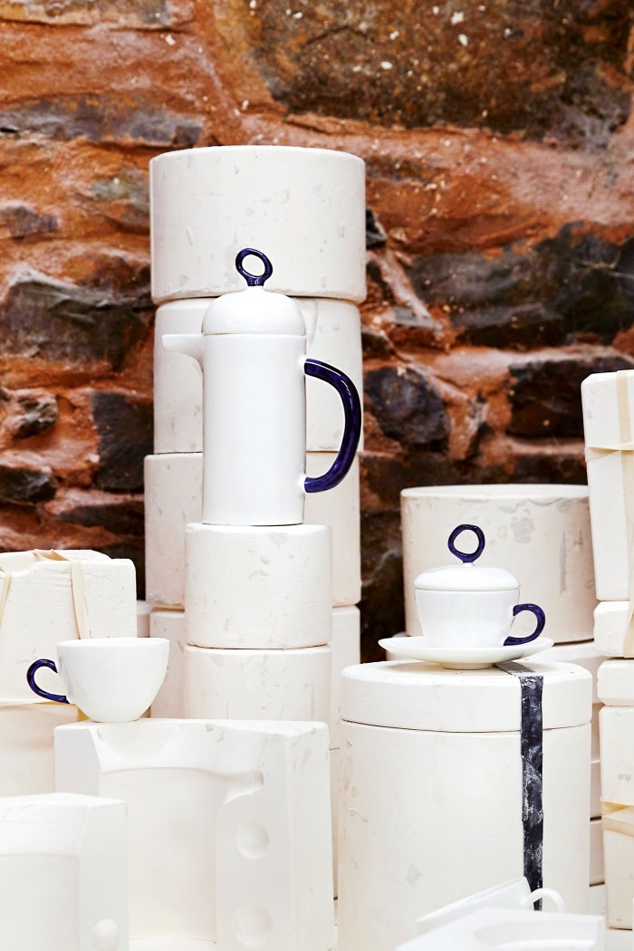 From left: Feldspar fine-bone-china double-espresso cup (part of set), £68, cafetière, £140, and lidded double-espresso cup and saucer, £68 (all seen on the moulds used to make them)