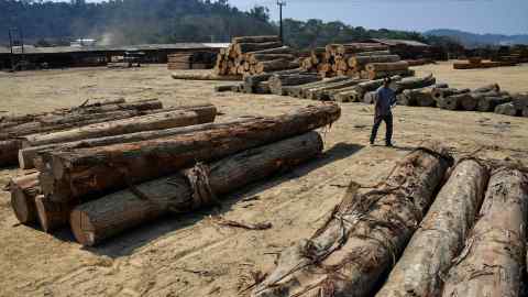 Front line: an employee inspects logs at a sawmill within the Amazon rainforest in Pará state
