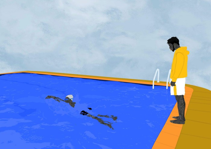 Illustration of a man looking down at someone swimming in a pool