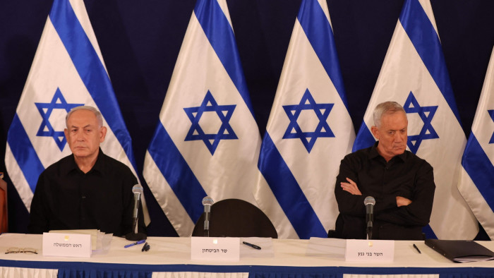 Benjamin Netanyahu and Benny Gantz at a press conference in Tel Aviv in October 2023 