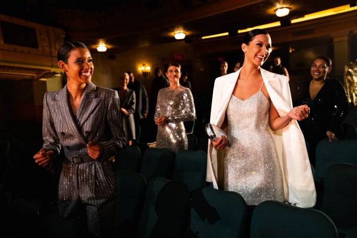 From left: models Dilone, Helena Christensen and Bella Hadid in the Shubert Theatre