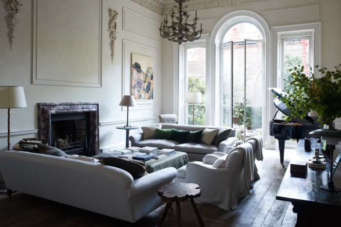 Rose Uniacke’s Pimlico House showroom in southwest London, where her own pieces are mixed with decorative antiques