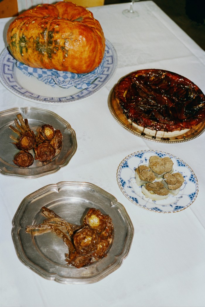Pumpkin soup, carciofi alla romana and porcini tarte tatin with caramelised shallots