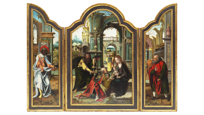 Oil painting in three parts of three kings visiting the baby Jesus