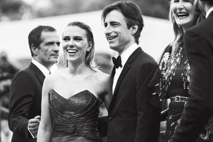 Scarlett Johansson, in Celine, with director Noah Baumbach at the premiere of Marriage Story