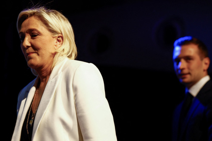 Rassemblement National leader Marine Le Pen and the party’s lead candidate in the European elections Jordan Bardella 