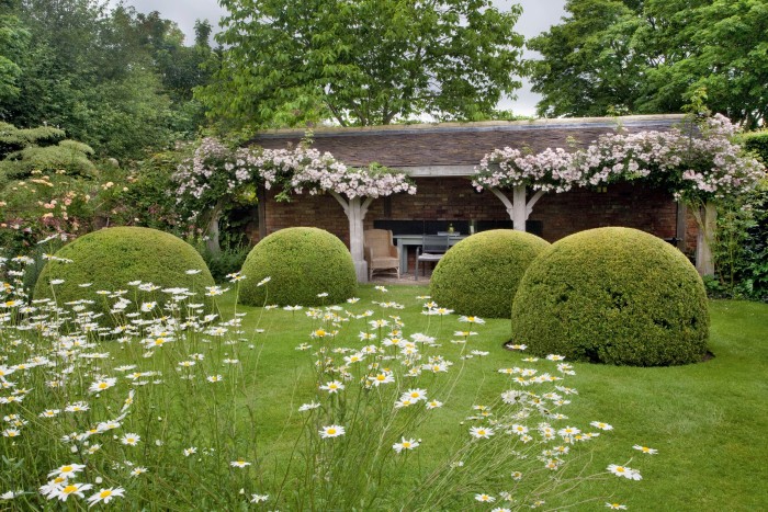 Balls of box hedge by the loggia at Wollerton Old Hall in Shropshire