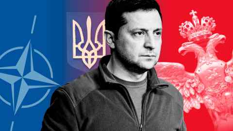 Volodymyr Zelensky with the national symbols of Ukraine and Russia, and the Nato logo