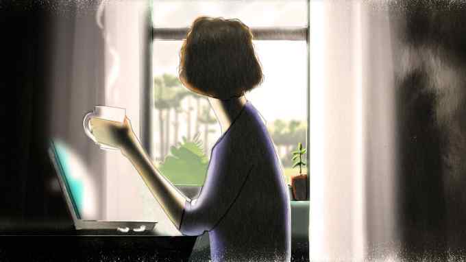 Illustration of a woman sitting at a home desk working, looking out a window