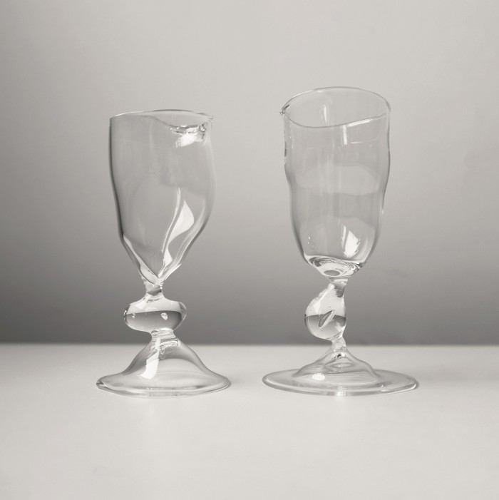 Feeling tipsy? The trend for surrealistic stemware that mimics melting glass – as pioneered by glass artist Miranda Keyes’s hand-forged Ball Knoped collection for Fels Farm Shop at London Design Festival – will have guests quizzing their levels of inebriation (£240)