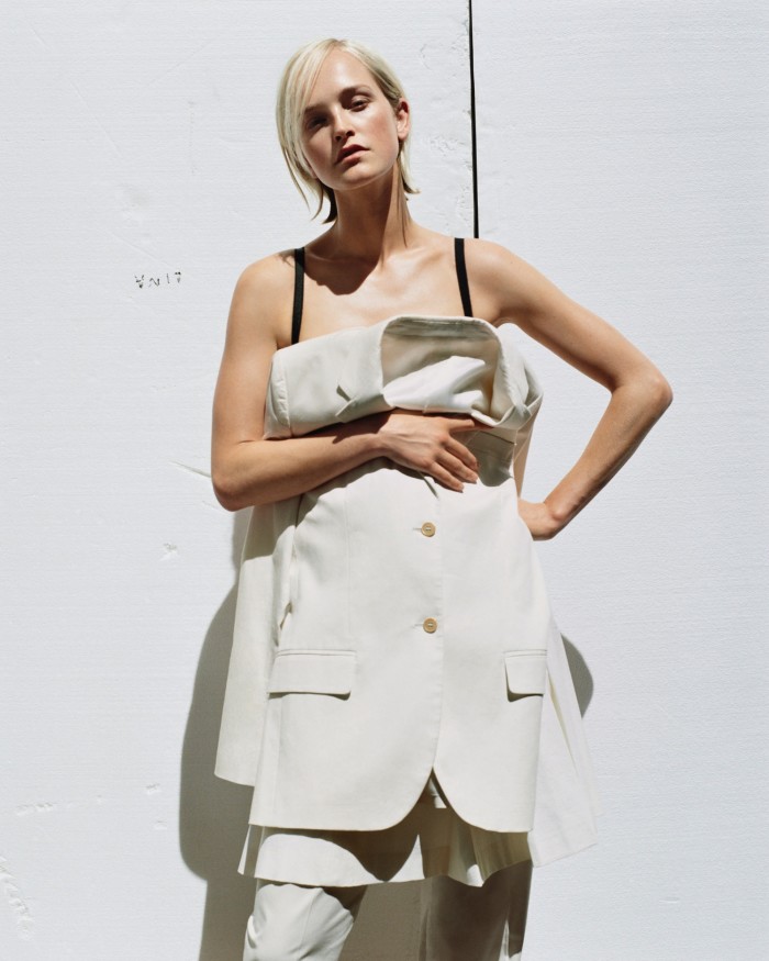 Vintage Helmut Lang SS00 cotton suit, from a selection, at artifactnyc.net. Fleur du Mal satin Top Stitch Convertible bra, £135. Vintage Prada AW04 cotton kilt, from a selection, at vestiairecollective.com