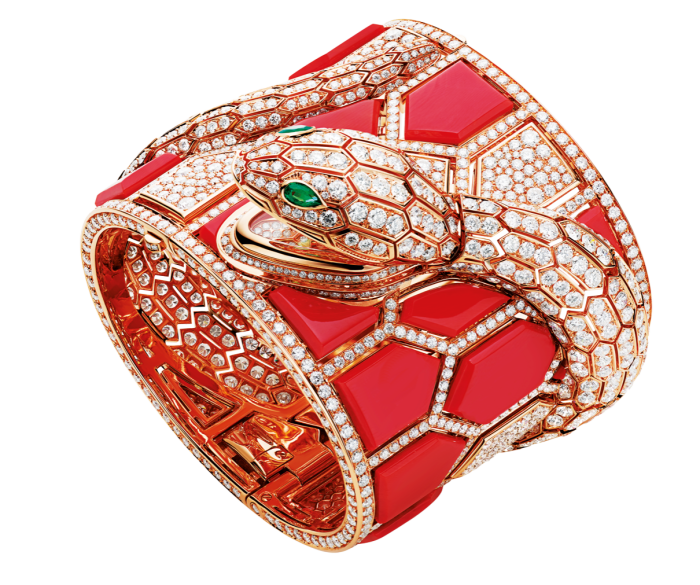 Bulgari coral, diamond, emerald and pink-gold Serpenti secret watch, POA