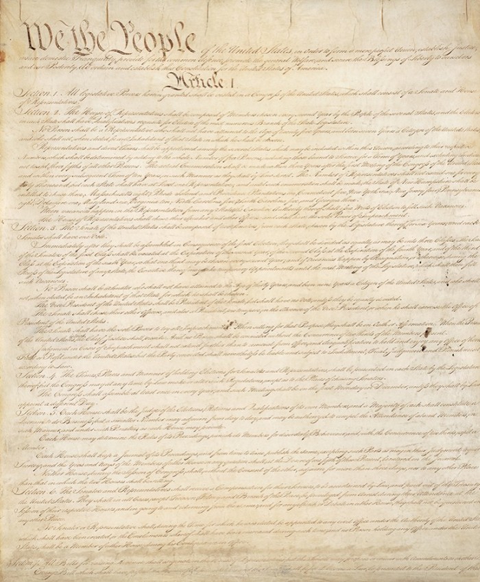 The first page of the original copy of the US constitution from 1787. ‘Interest in the constitution is [currently] off the charts,’ says Jeffrey Rosen of the National Constitution Center in Philadelphia