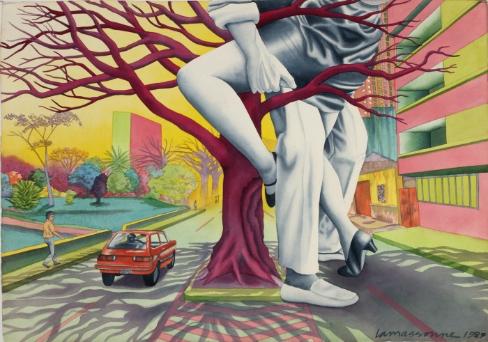 Painting of an oversized couple wrapped around each other, the woman’s bottom rests on the upper branches of a ceiba tree, a small car drives past, a pedestrian strolls along the pavement