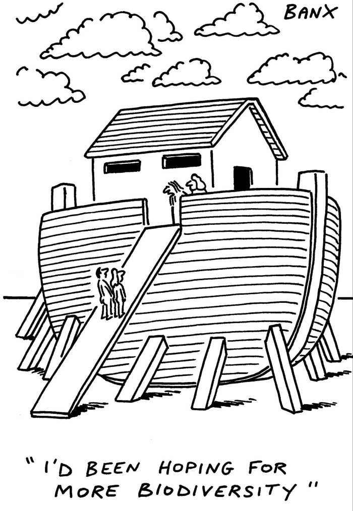 Cartoon of a man and a woman climbing up a plank to an ark as another couple waits for them topside