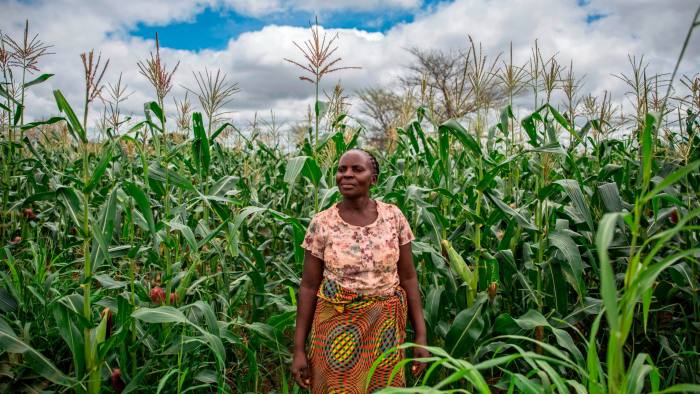 A female farmer poses in front of her crop field