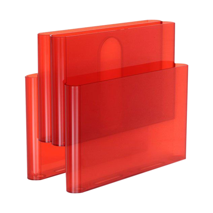 A red four-pocket version of a magazine holder designed for Kartell in 1971