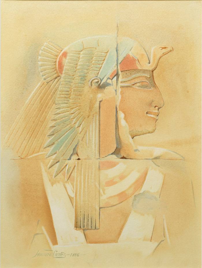 Watercolour of an Egyptian queen in profile, with an eagle-like headdress