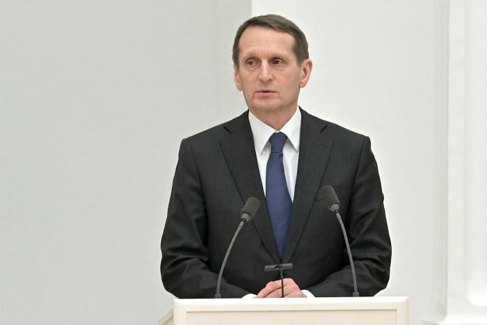 Sergei Naryshkin, director of the Russian Foreign Intelligence Service, speaking at a lectern during a meeting of the Russian Security Council at Moscow’s Kremlin in February
