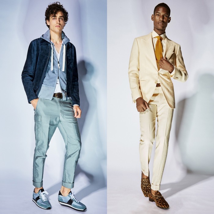 From left: cashmere and suede blouson, £5,390, cotton hoodie, £890, jersey V-neck, £540, and cotton trousers, £640. Linen jacket, £2,570, poplin shirt, £400, and linen trousers, £740
