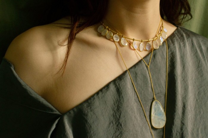 Pippa Small moonstone and yellow-gold First Frost torque necklace, £6,500, and moonstone and yellow-gold pendant, POA 
