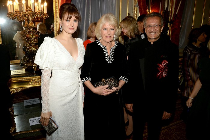 Nadezhda Rodicheva, left, also known as Nadia, Camilla, Duchess of Cornwall and Mohamed Amersi attend a Lancaster House function in 2018