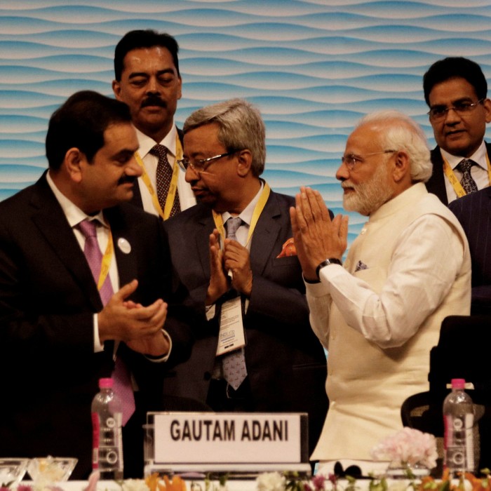 Narendra Modi with Gautam Adani and other delegates at Vibrant Gujarat Global Summit in Gandhinagar last year