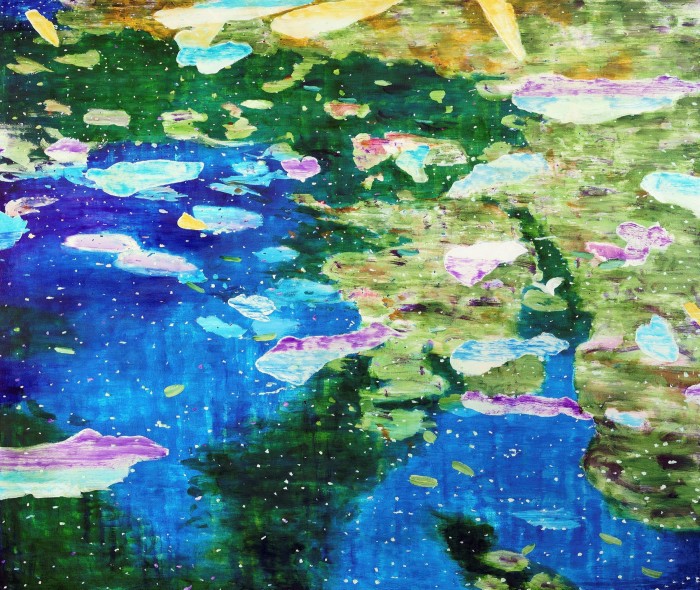 Painting which looks like reflections of green trees in a blue lake