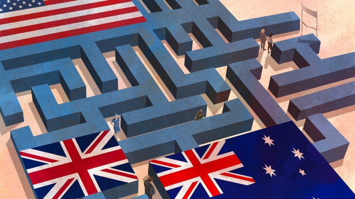 Illustration of a maze with the US flag on one side of it, the UK and Australian flags on the other side and people walking in the middle of the maze.