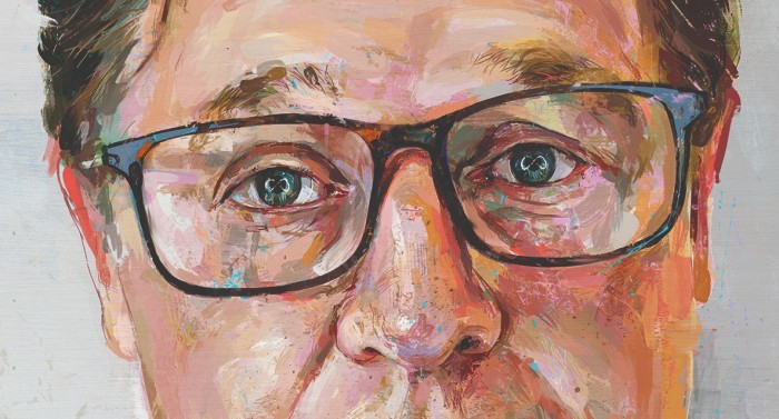 A close-up of the portrait of Nick Clegg commissioned for this article, showing Nick Clegg’s face with the Meta logo reflected in his eyes