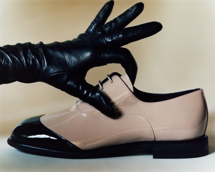 Giorgio Armani patent leather Oxford lace-up shoes, £790. Max Mara leather gloves, £375