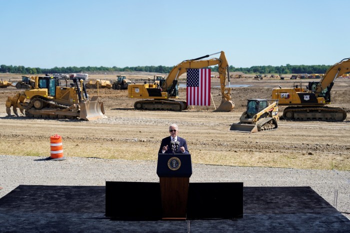 US president Joe Biden speaks at the groundbreaking of the new Intel semiconductor manufacturing facility in New Albany, Ohio