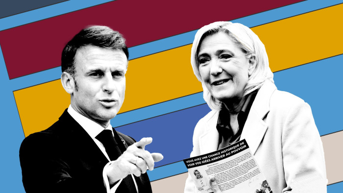 Montage of Macron and Le Pen in front of voting intention graphics