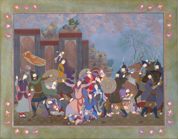 Painting of soldiers on horses attacking villagers