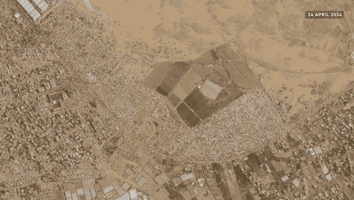 Satellite images comparing an area in Rafah in April 2024 and May 2024